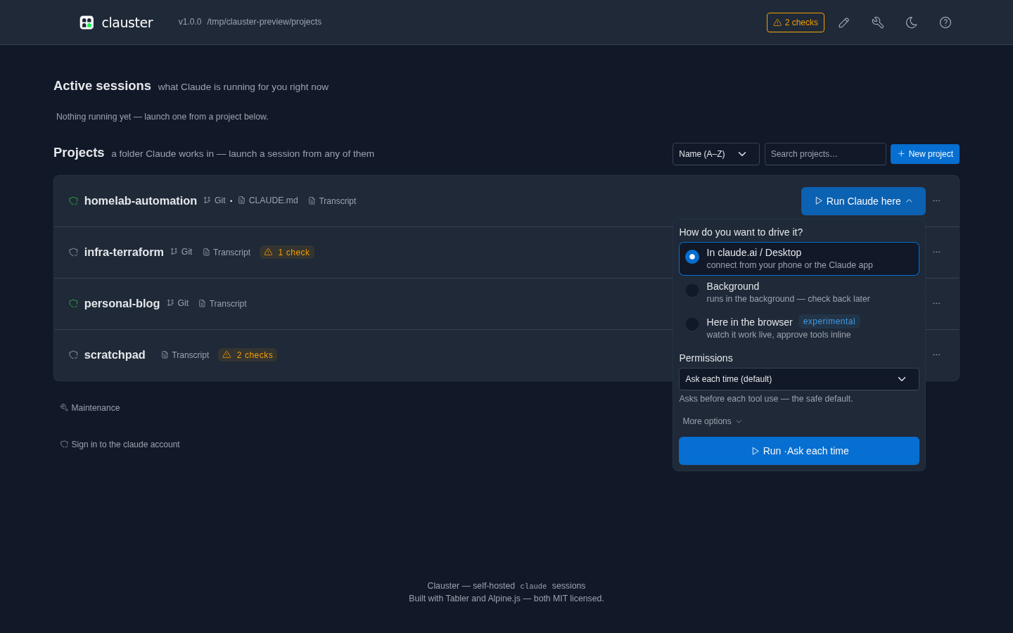 A project's launch menu, offering three ways to drive a session — in claude.ai or Desktop, in the background, or in the browser — plus a permission-mode picker