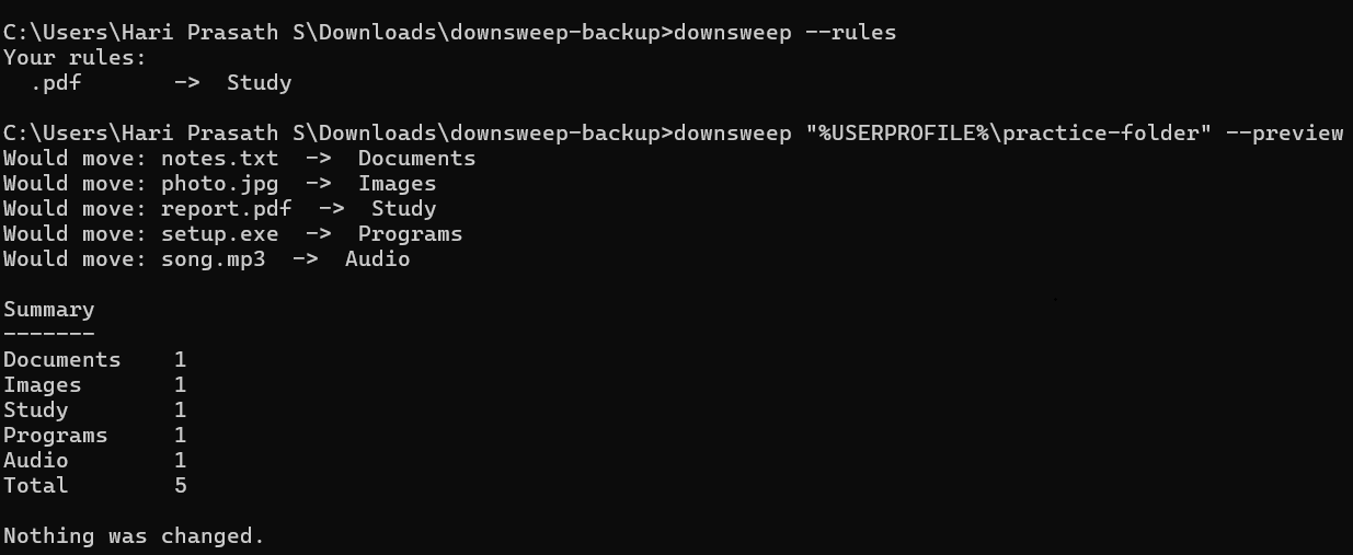 downsweep preview with a custom rule