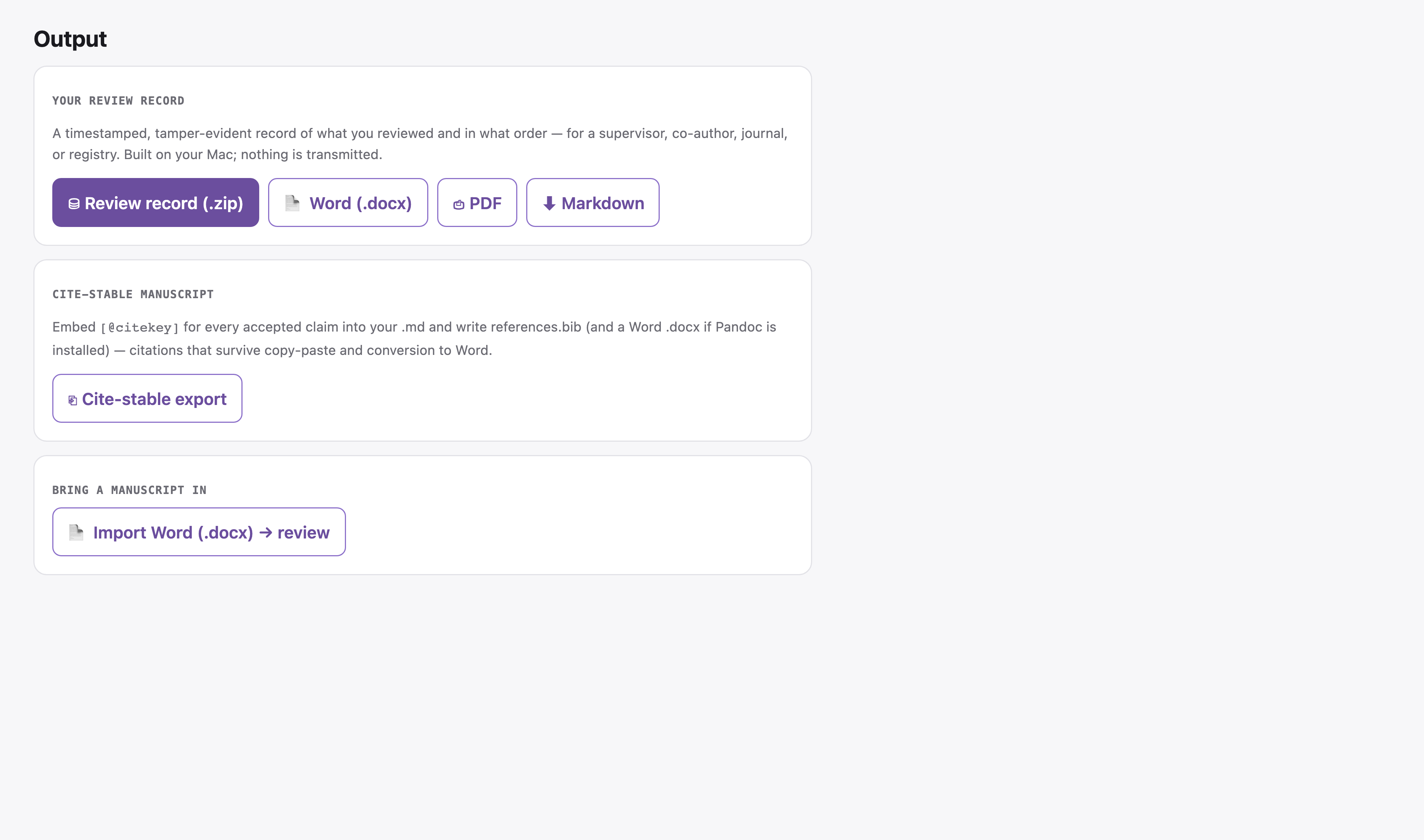 The Output section: export your review record as a .zip, Word, PDF, or Markdown.