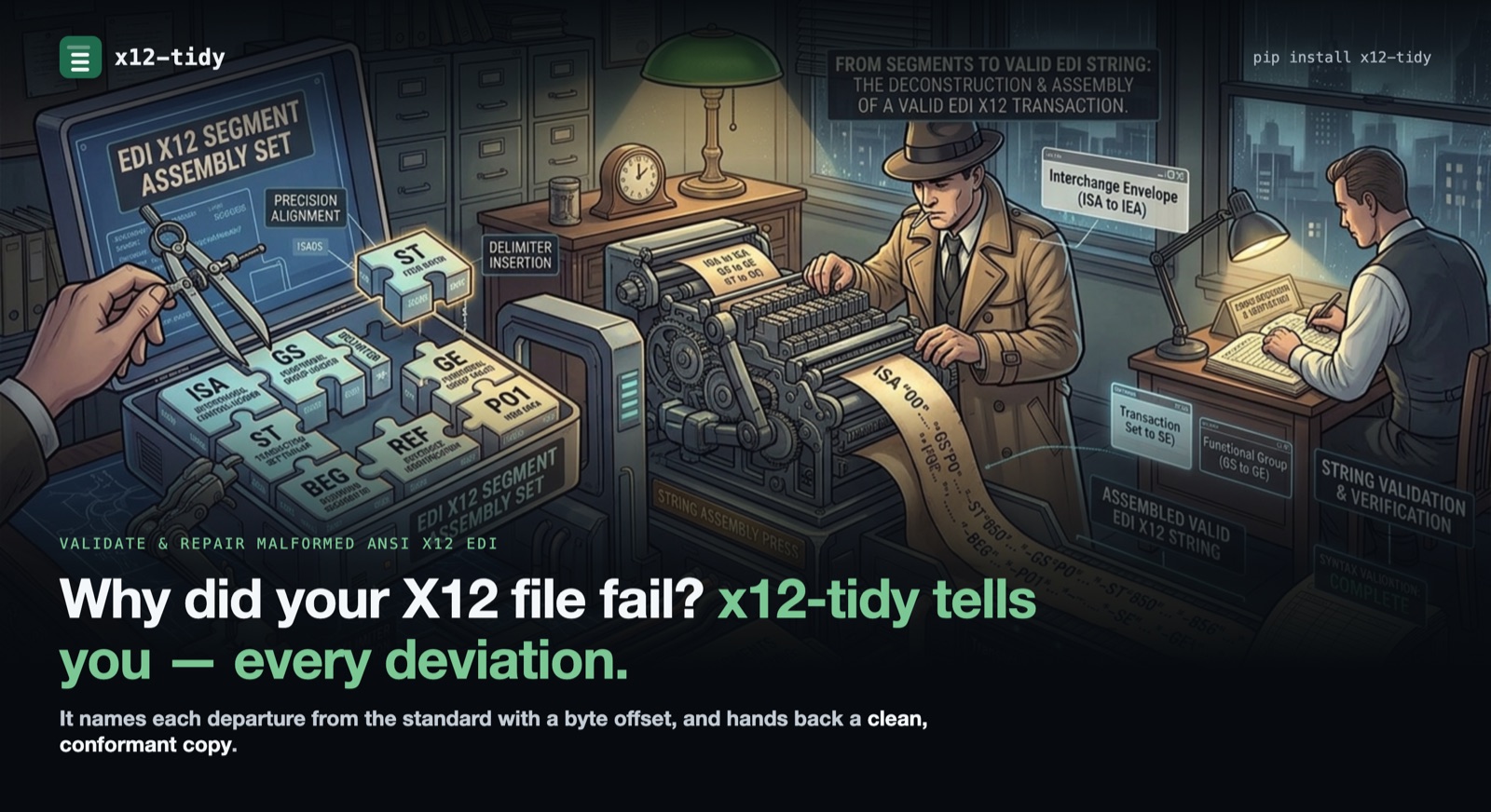Why did your X12 file fail? x12-tidy names every departure from the standard with a byte offset, and hands back a clean, conformant copy.