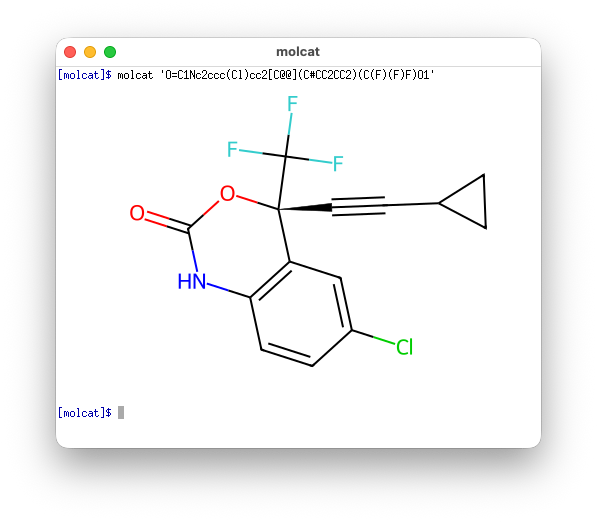 Screenshot of terminal showing efavirenz from SMILES using molcat