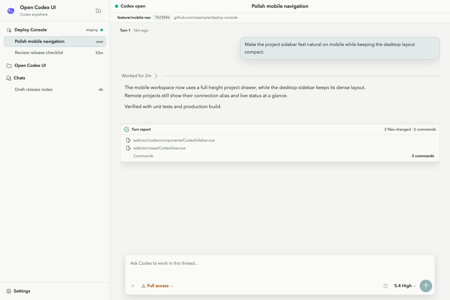 Open Codex UI desktop workspace