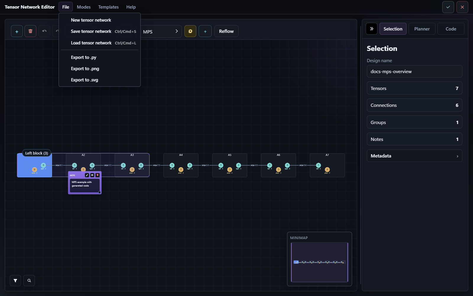 File menu with load and export actions in the editor