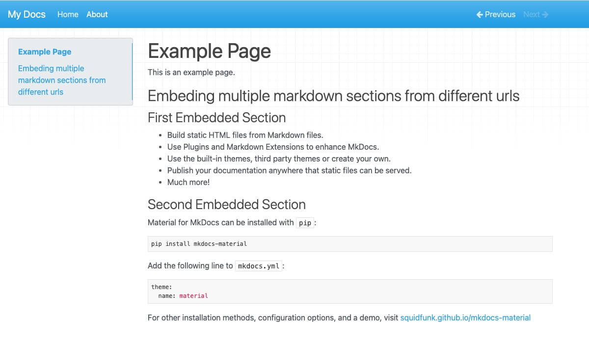 MkDocs Embed External Markdown Plugin