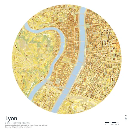 Circular plan view of Lyon with every building extruded, the Rhone and Saone running through it