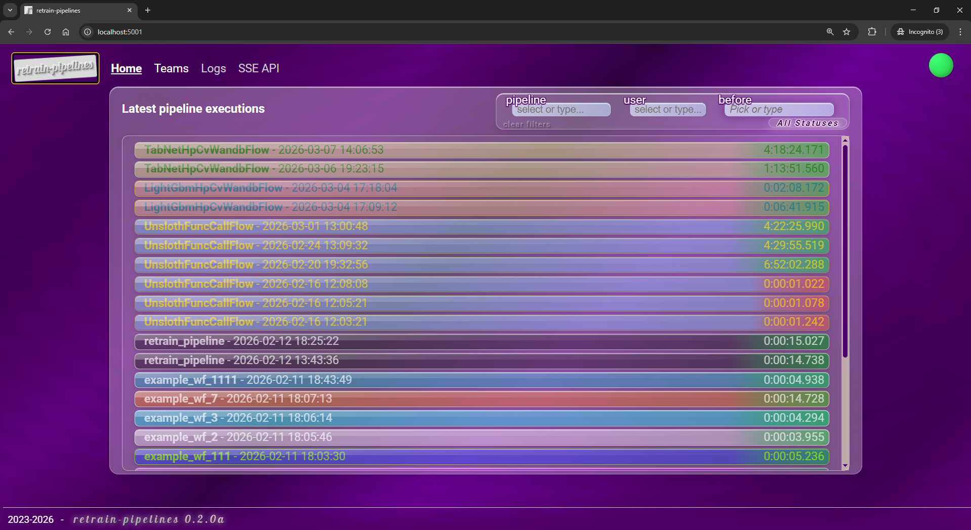 WebConsole Home page | executions list