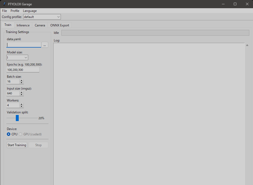 PTYOLOX Garage training screen