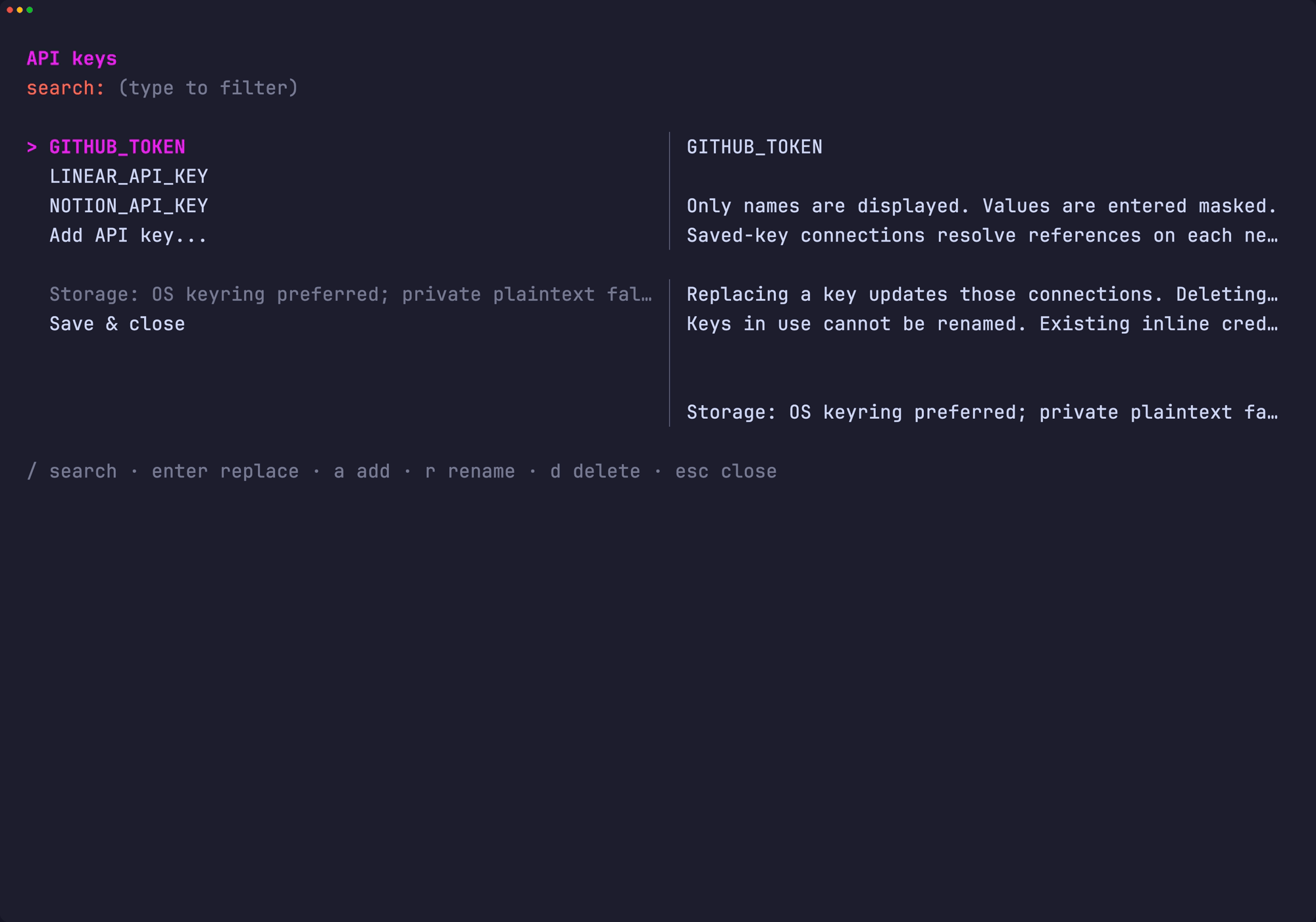 /keys listing saved API key names