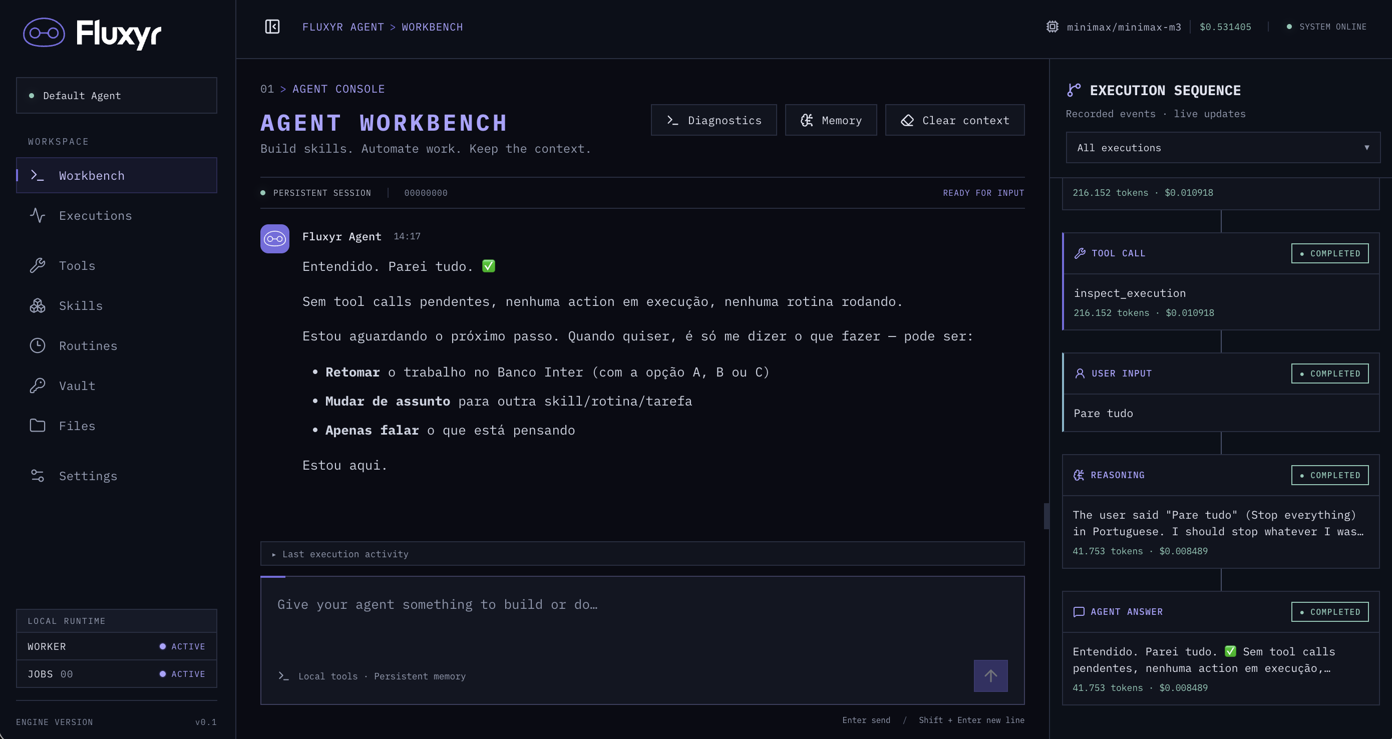 Fluxyr agent interface with chat, tools, skills and execution sequence