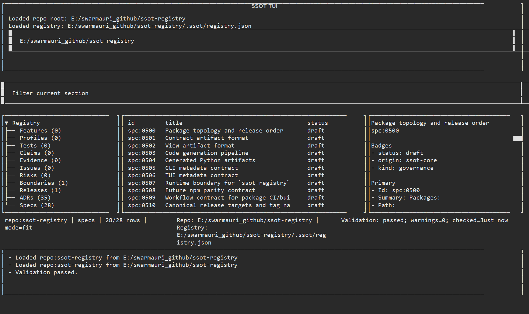 SSOT TUI validation status
