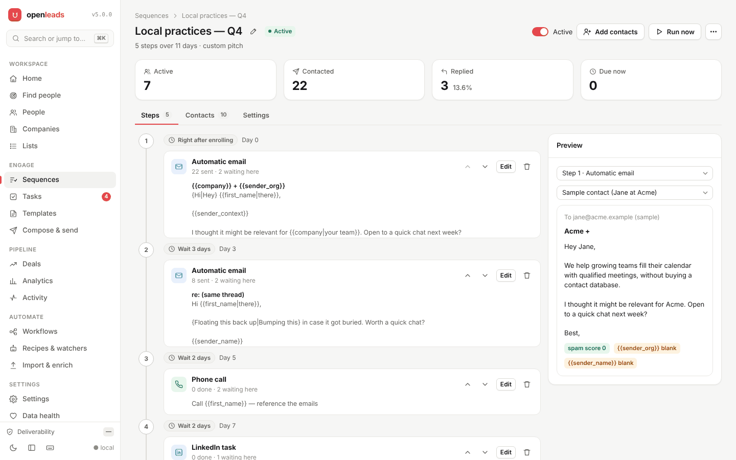 A sequence editor: a day-by-day step timeline (automatic email, threaded bump, call, LinkedIn task) with counts per step, and a live preview of the email rendered for a contact with its spam score.