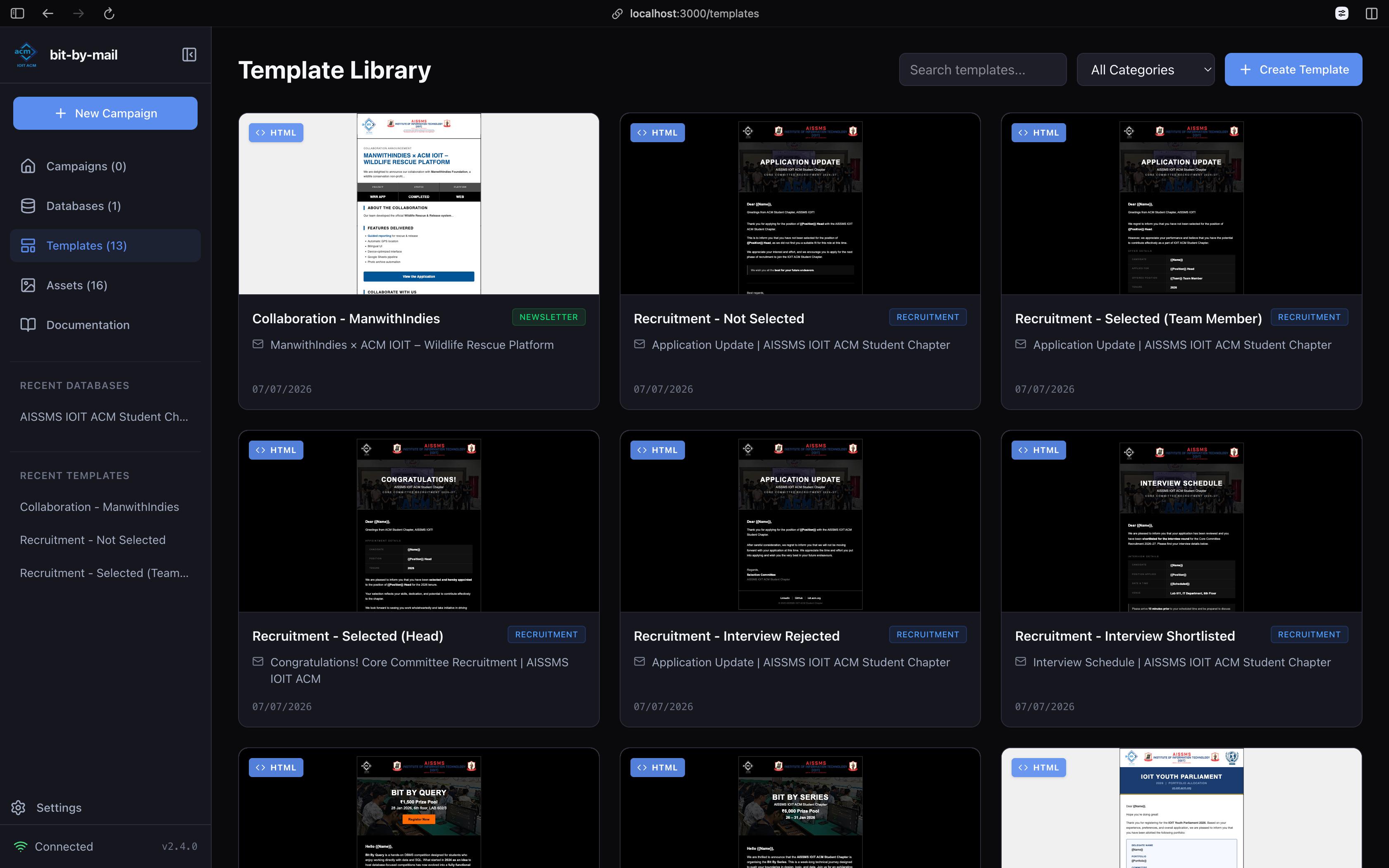 Bit-by-Mail Template Library showing reusable email templates, categories, search, and preview thumbnails