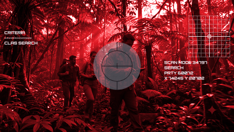 Fremont: detailed red scene with white scan grid, analysis text and blinking figure outline