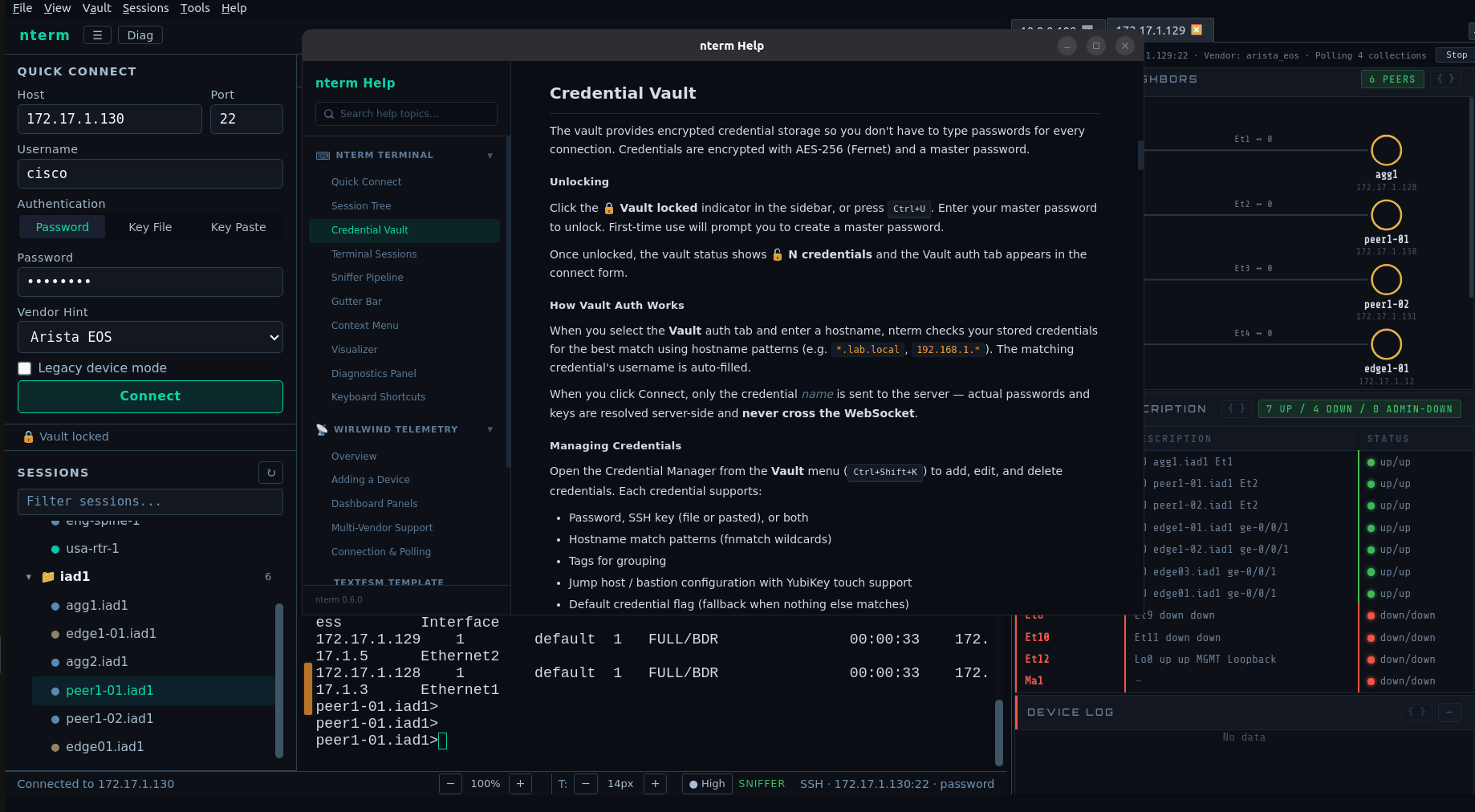 nterm desktop — two-pane layout with SSH terminal and live telemetry