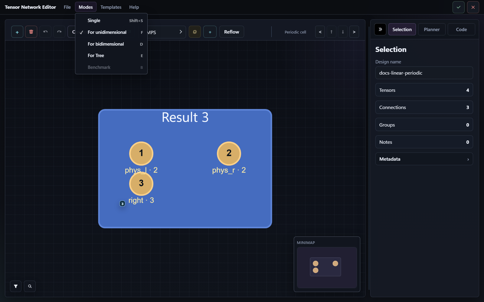 Modes menu and periodic editor screenshot