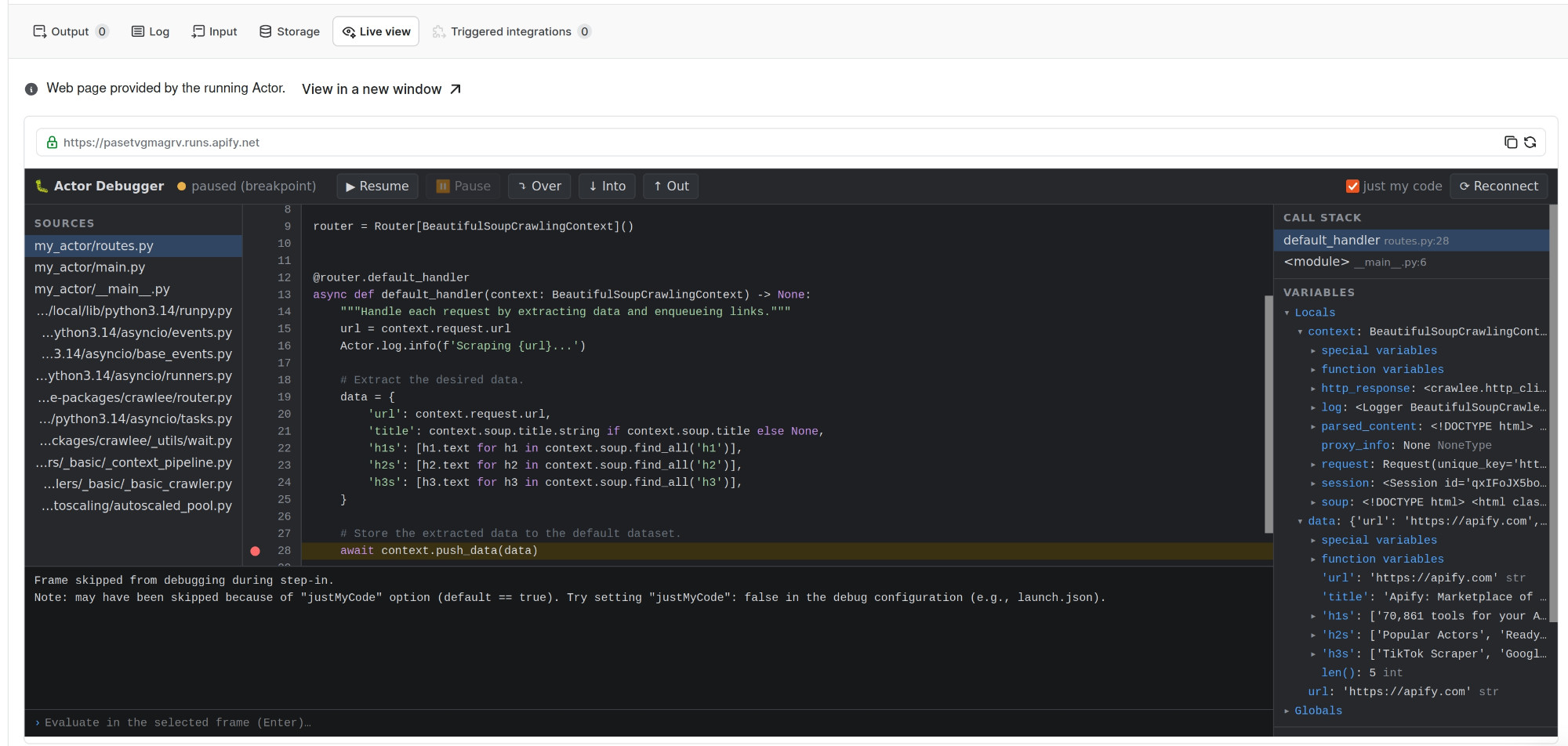 Actor Debugger paused on a breakpoint in a Python Actor, shown in the Live view tab of a run in Apify Console: sources, call stack, variables and an evaluate prompt
