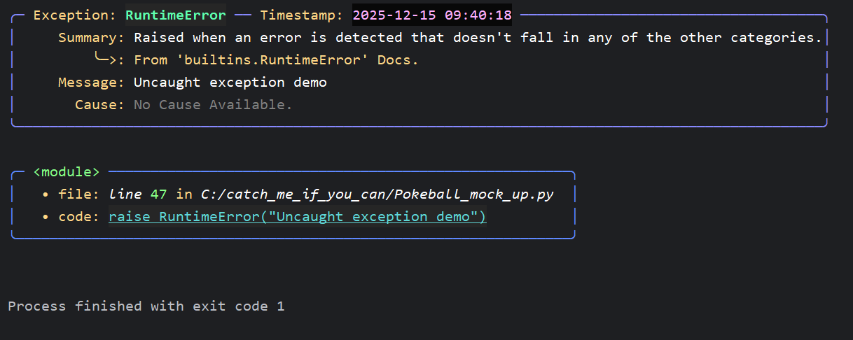 Styled traceback for uncaught RuntimeError using catch-them-all custom excepthook