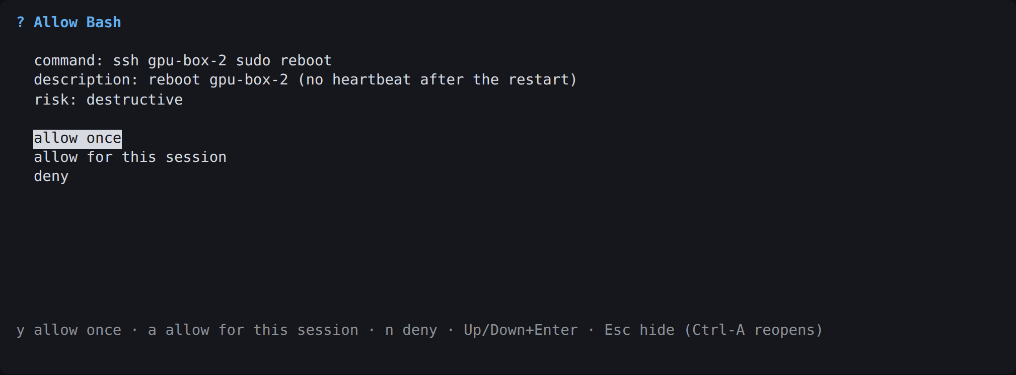 hugpy-agent tui permission prompt: Allow Bash with the command, description and risk; allow once / allow for this session / deny