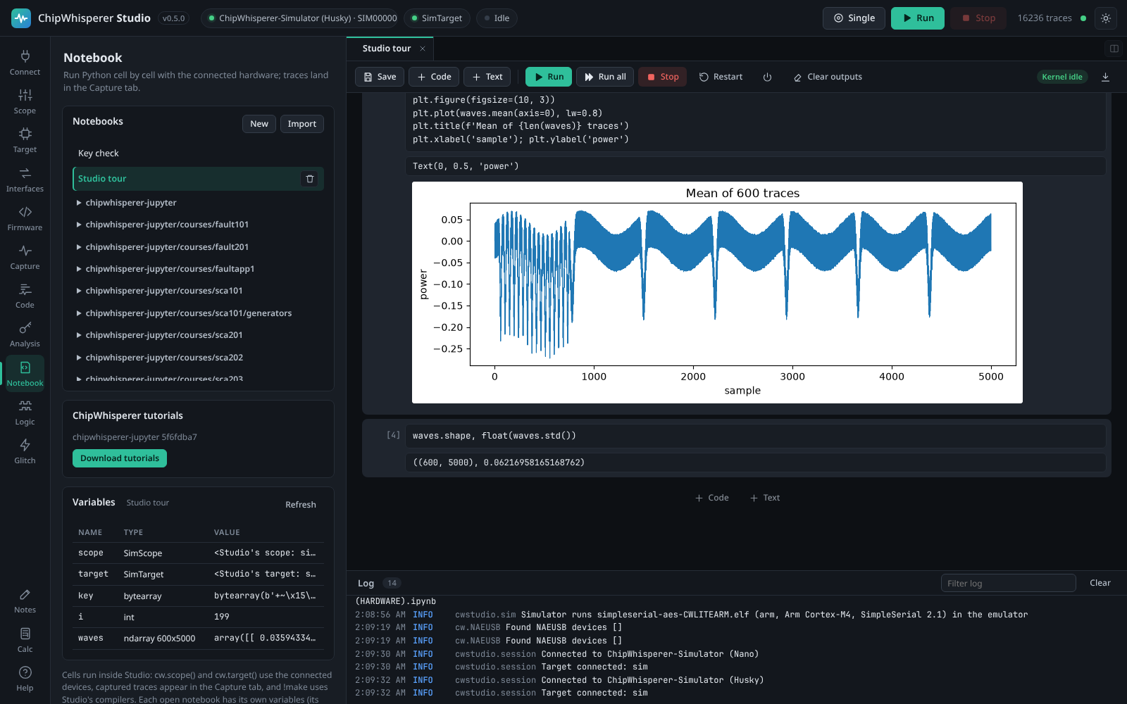Notebook running a capture and plotting the mean trace