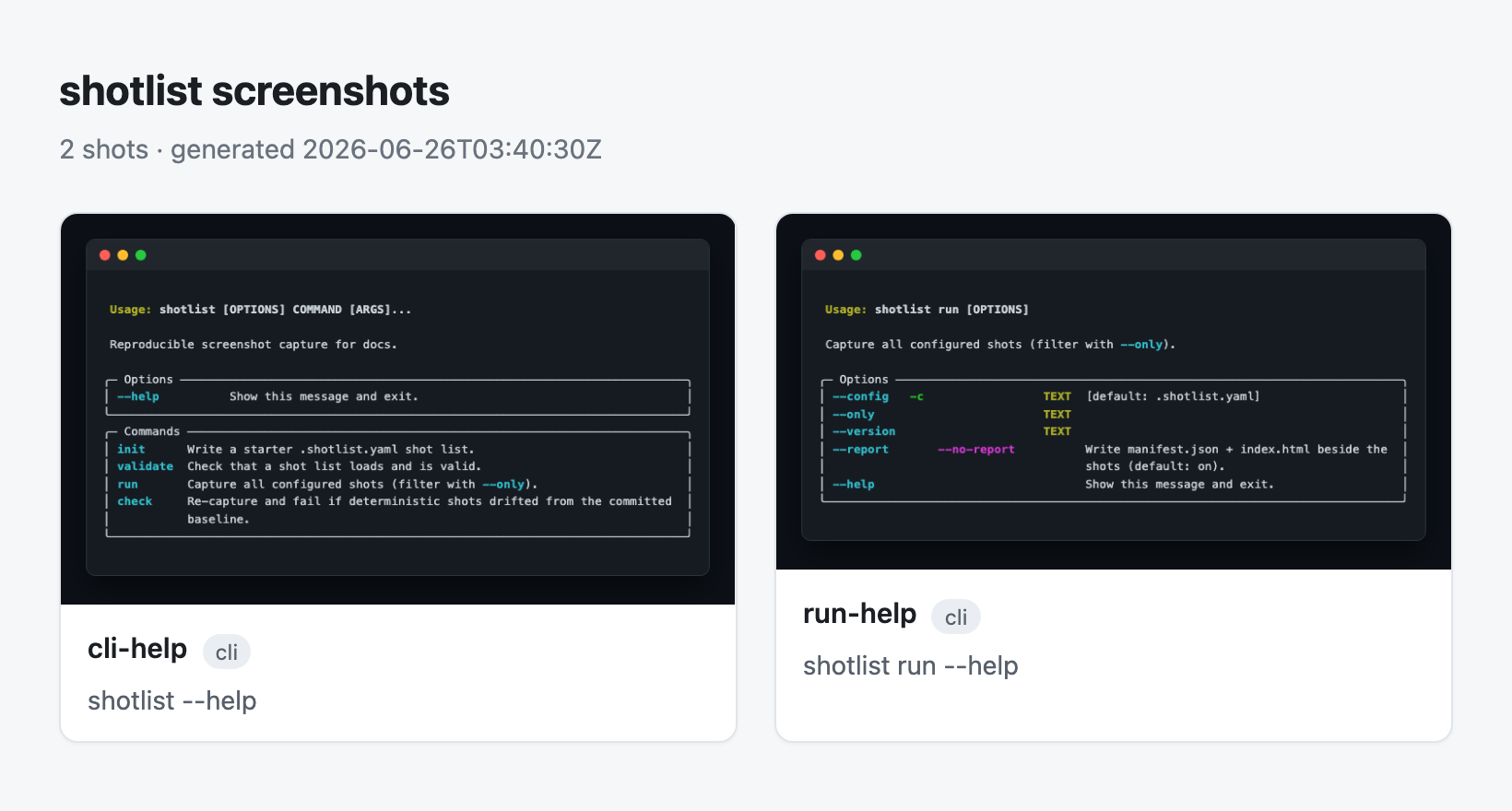The generated index.html gallery: a header with the shot count and timestamp, then a card per shot showing the screenshot, its name, a kind badge, and its alt text.