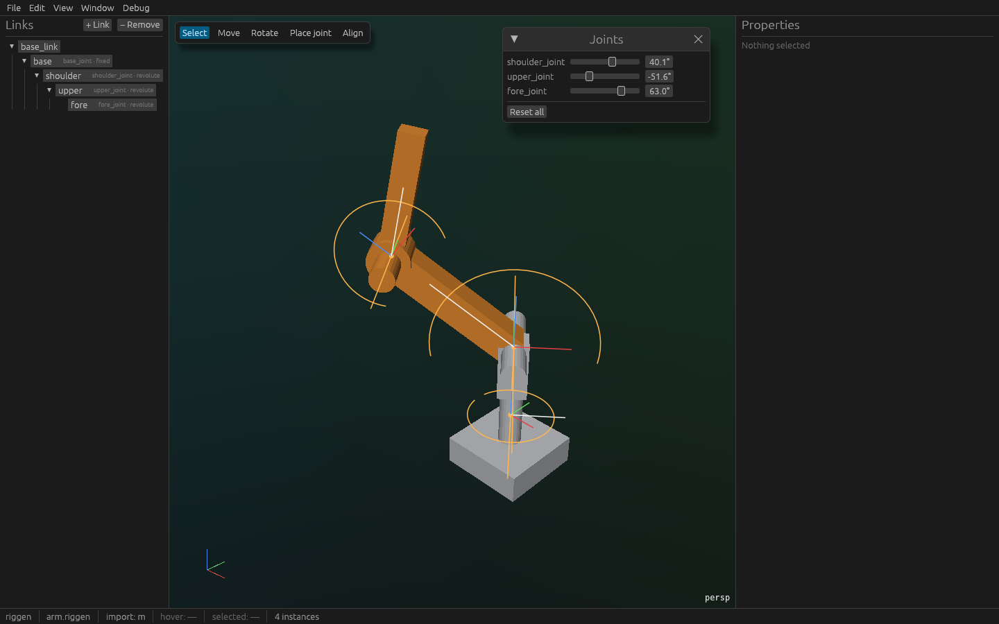 The sample arm in riggen: the link tree, the viewport with joint glyphs, the Joints window