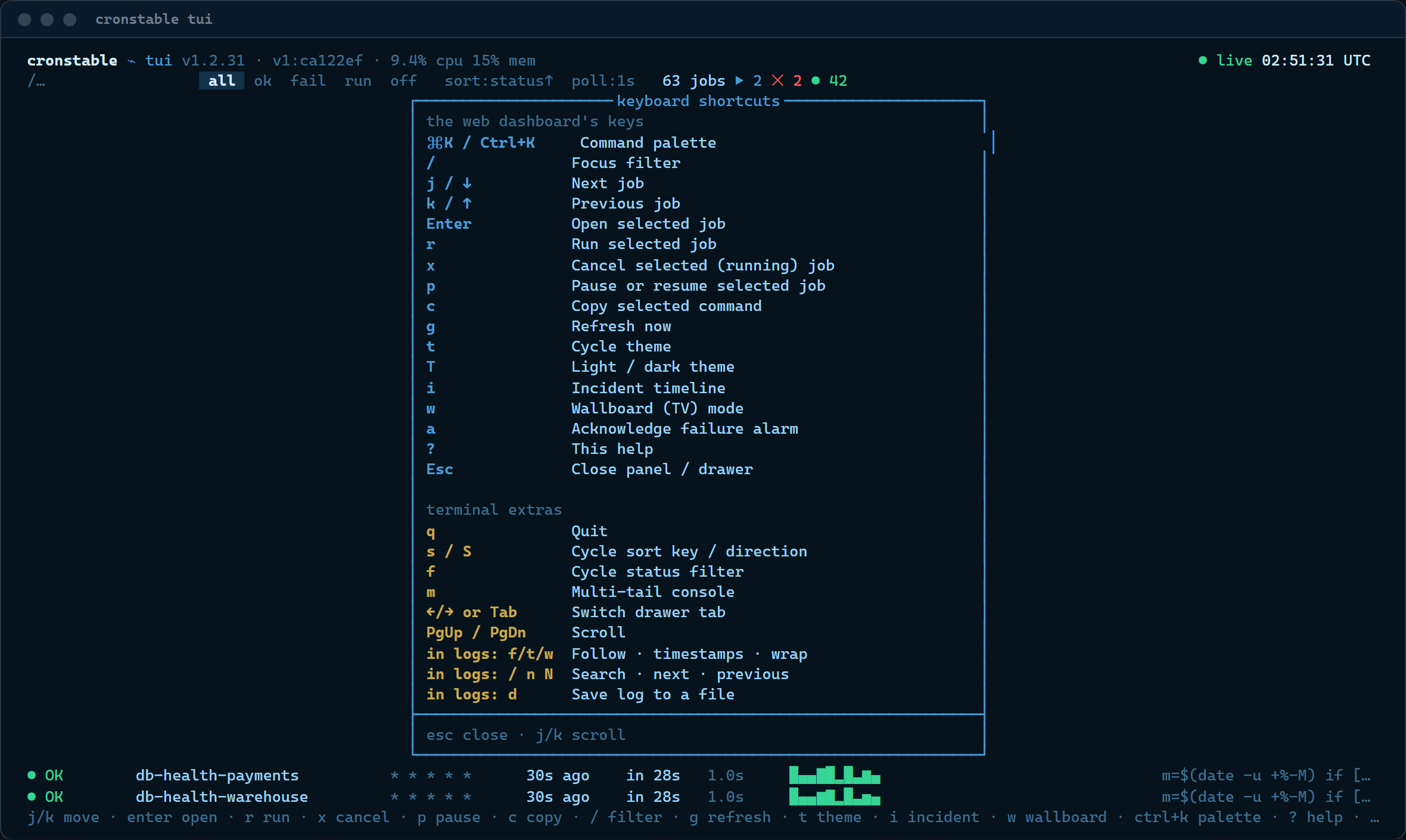 The shortcut overlay: the web dashboard's shortcut table verbatim, with terminal extras grouped below