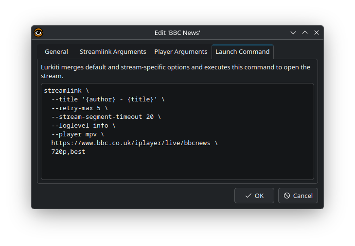 Stream Setting window