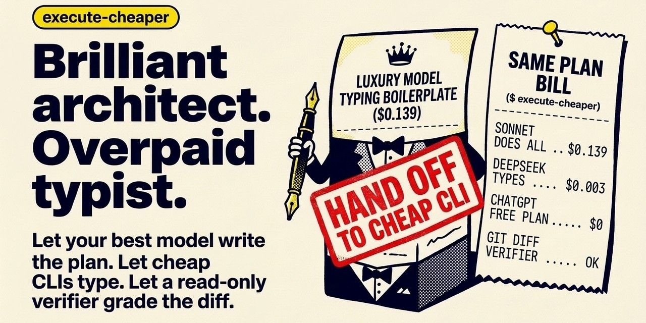 execute-cheaper: your best model plans, the coding CLIs you already pay for type, a separate read-only model verifies the diff