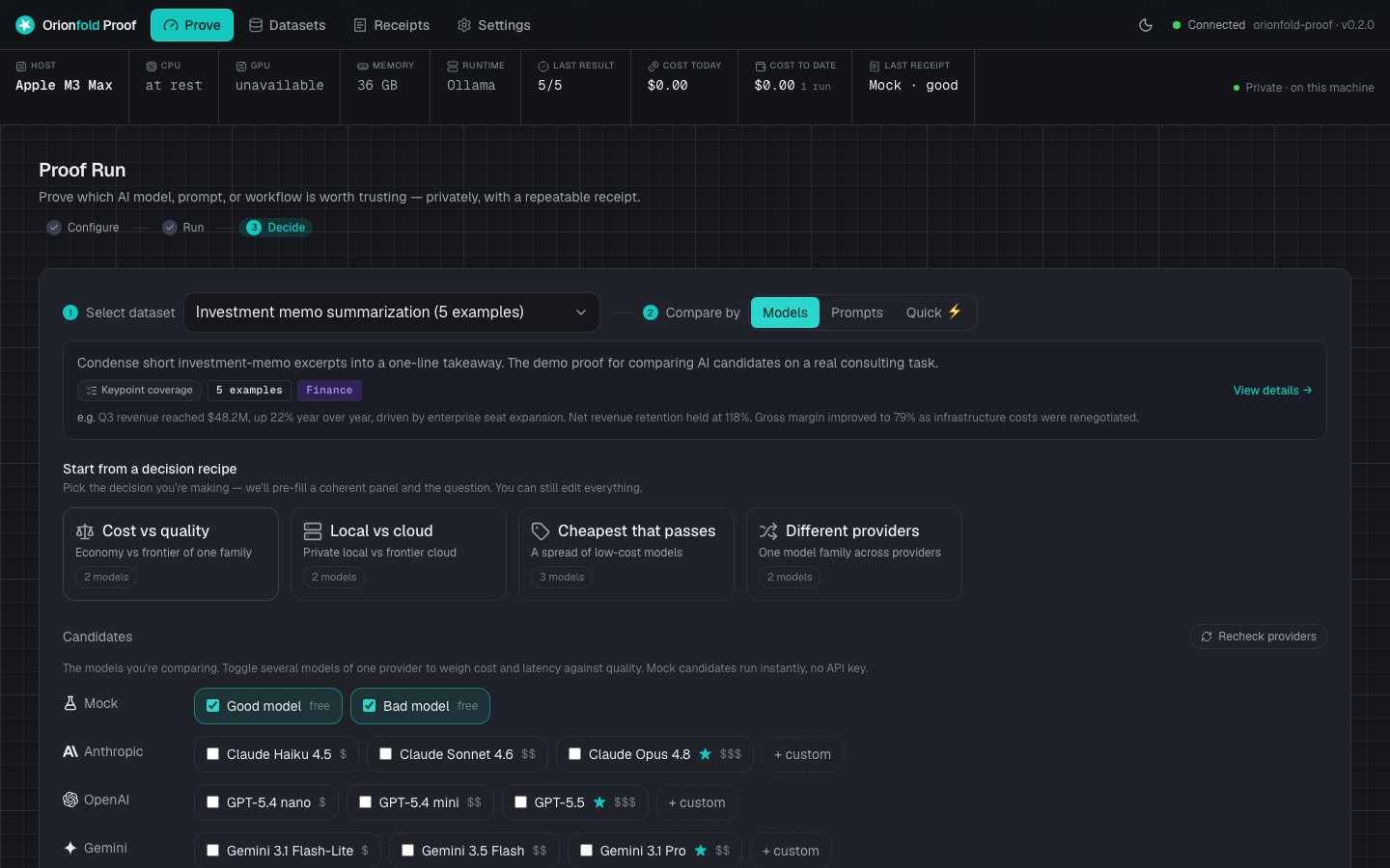 The Orionfold Proof cockpit (Arena layout): a compact top app bar, an always-on telemetry rail showing host CPU / GPU / memory and the last result, and the Prove canvas with the dataset, decision recipes, and candidate picker on one screen