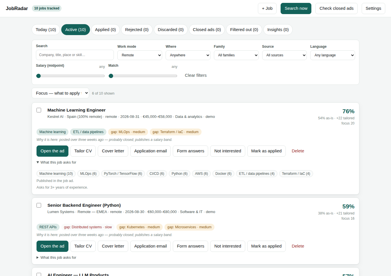 The JobRadar dashboard: filters and the board