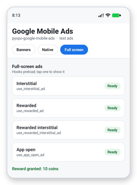 A list of full-screen ads, each marked Ready, and the line Reward granted: 10 coins