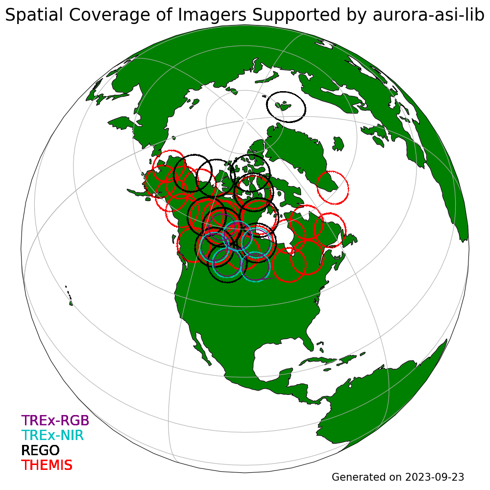 A geographic map showing the spatial coverage (field of view rings) of all imagers supported by asilib.