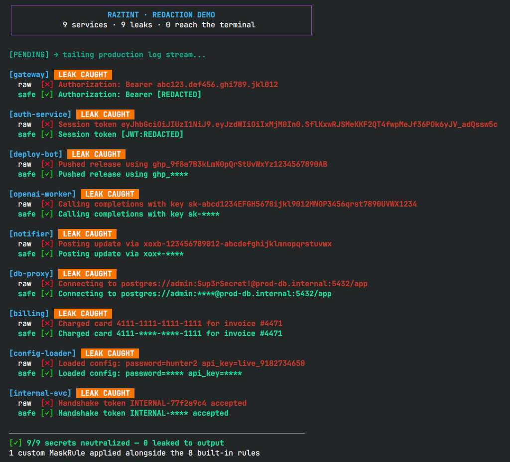 RazTint preview: Nerd Font, Unicode, and ASCII icon modes with colored and styled output examples