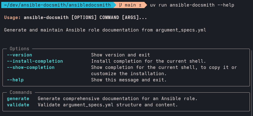 Screenshot: DocSmith CLI, help