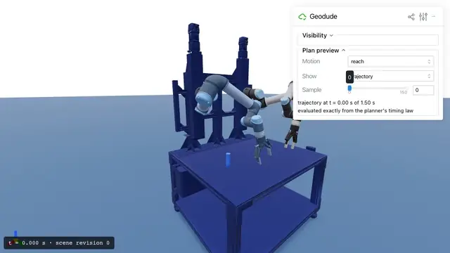 Geodude stands still while a translucent blue ghost of its right arm follows a planned reach to the cylinder as a slider in the side panel is dragged from start to end.