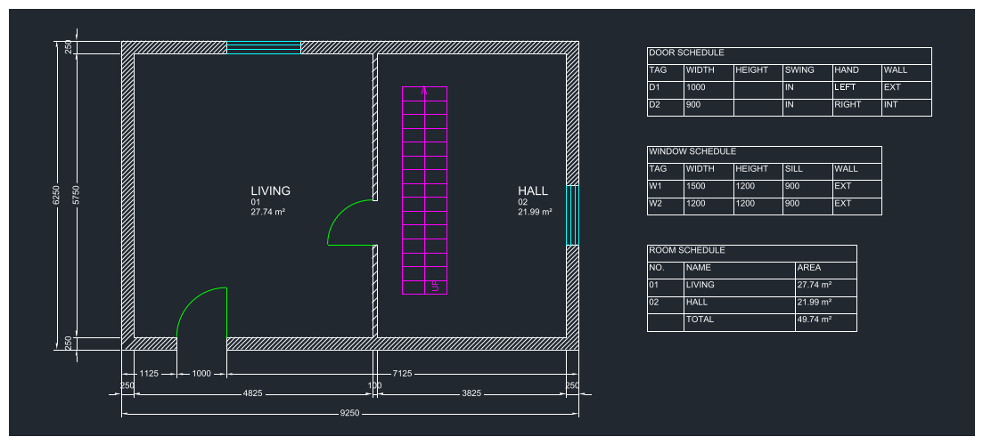 Two-room floor plan: hatched brick walls with an aerated-concrete partition, two doors, two windows, a straight stair, room labels with measured areas, exterior dimension chains, and door, window and room schedules