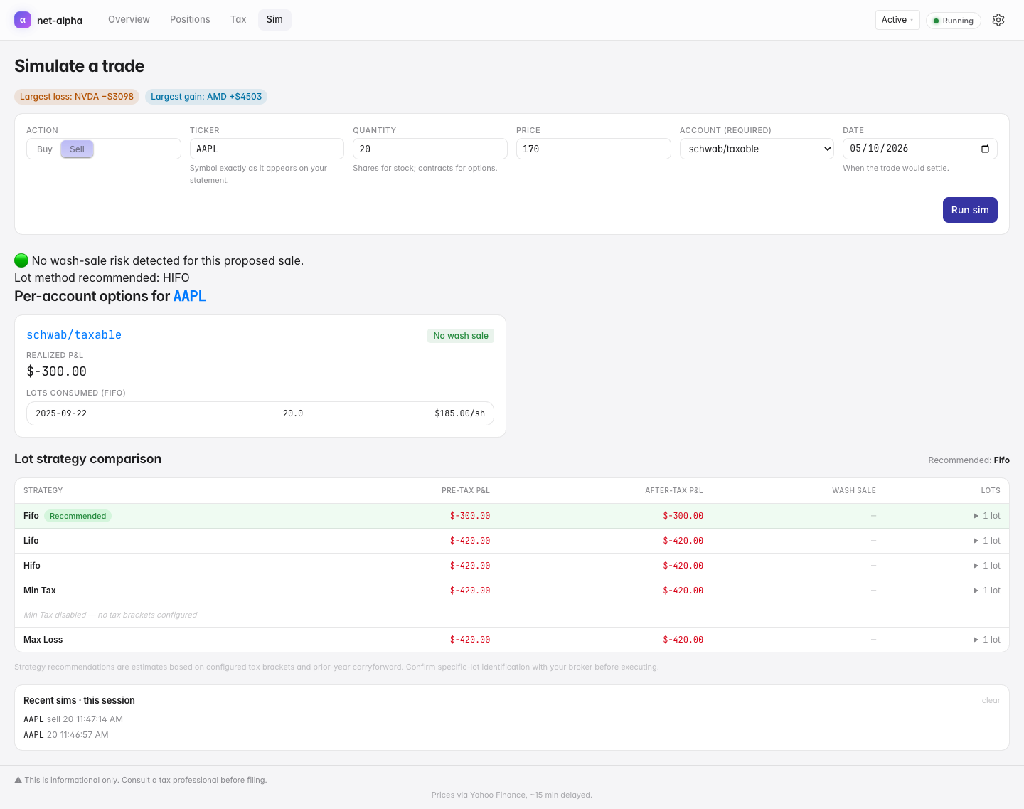 Pre-trade simulator with lot-strategy comparison