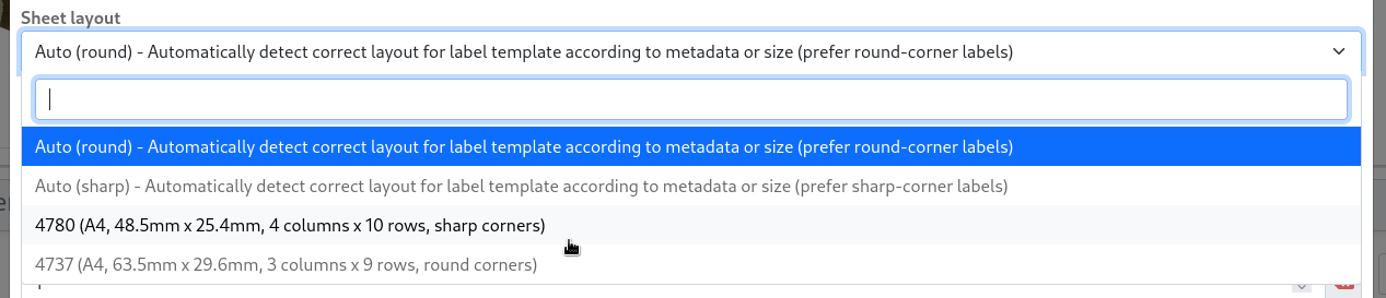 "Sheet layout" dropdown in open state, with various layout options shown