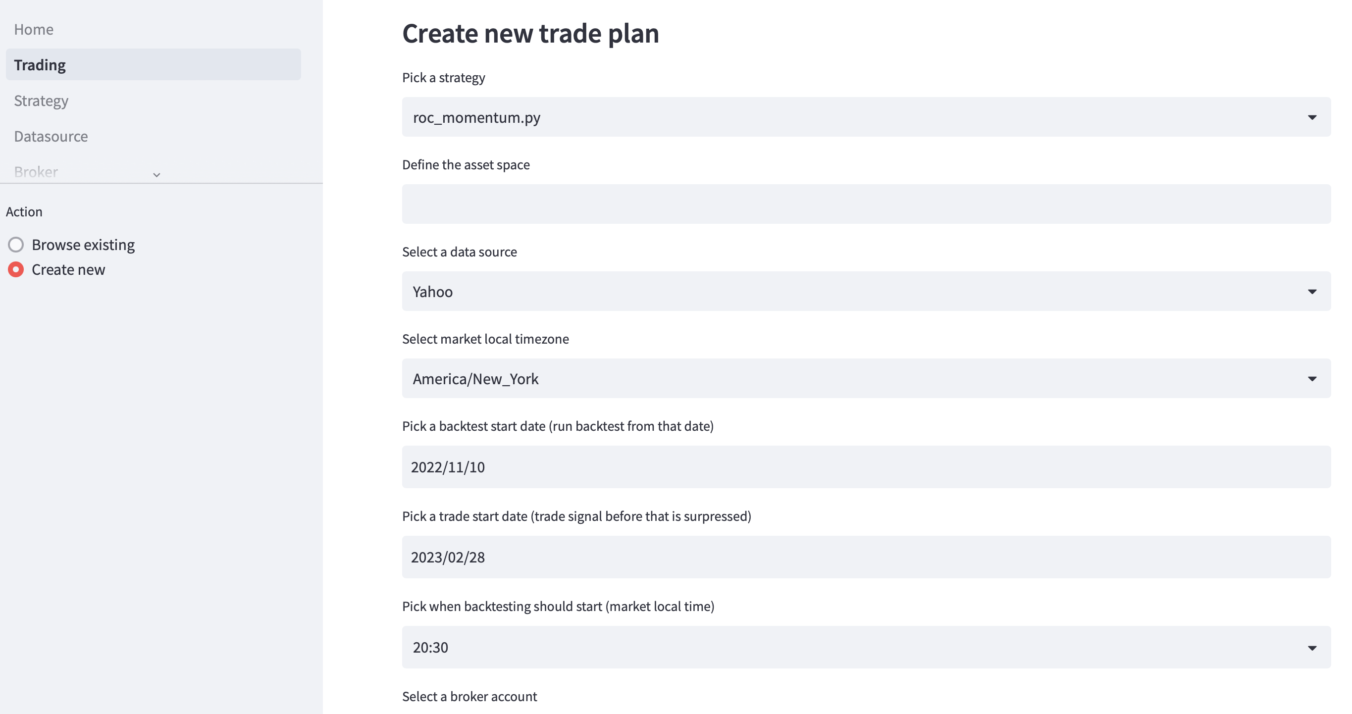 Minitrade web UI - trade plan 