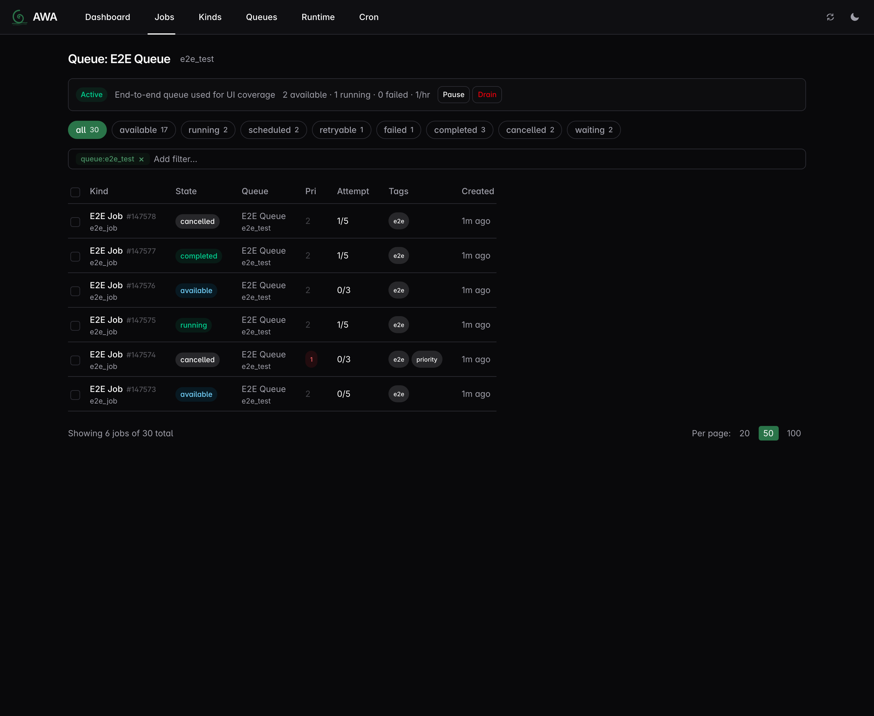 AWA Web UI — Jobs (dark mode)