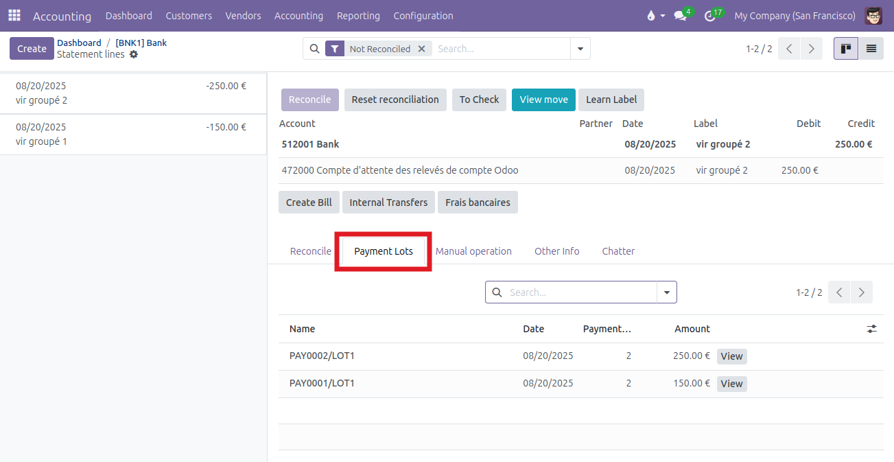 Bank statement reconcile interface