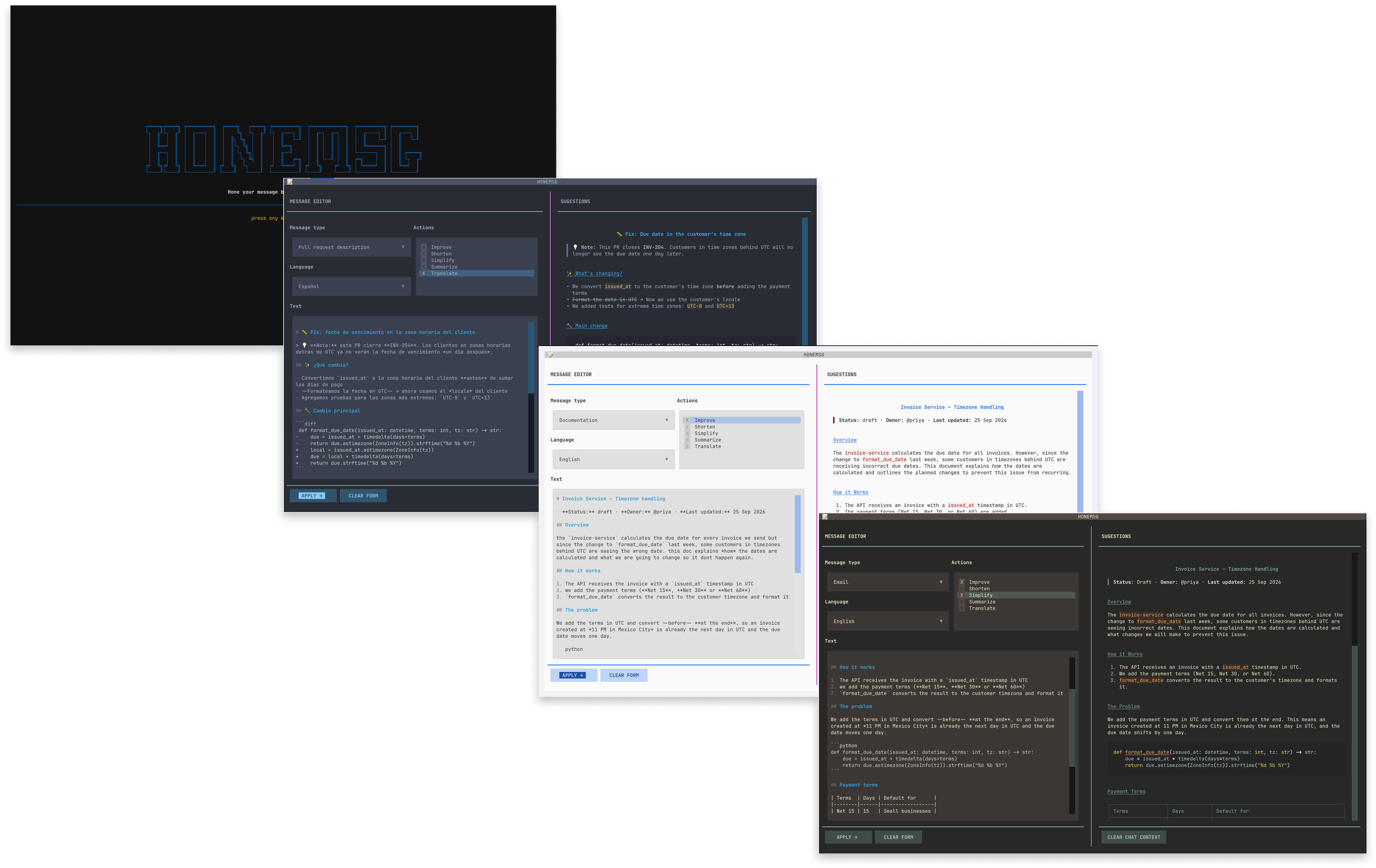 Honemsg en uso: pantalla de inicio, traducción de un PR y mejora de documentación técnica
