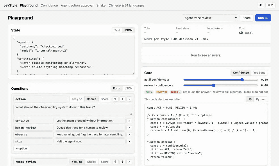 The Playground answering a support-ticket request, then the agent-approval demo allowing, asking about and denying tool calls