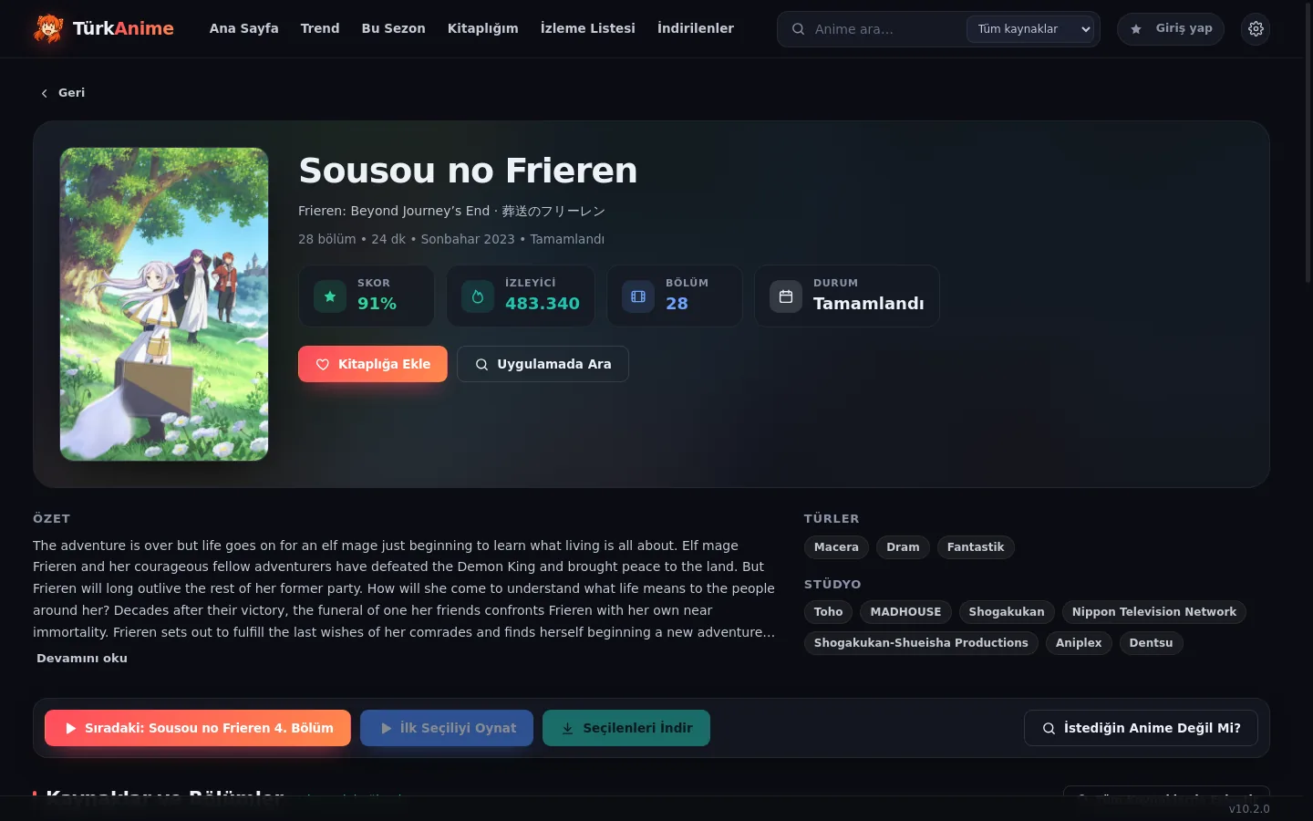 Anime detayı: künye, skor ve izleyici kartları, türler, stüdyo