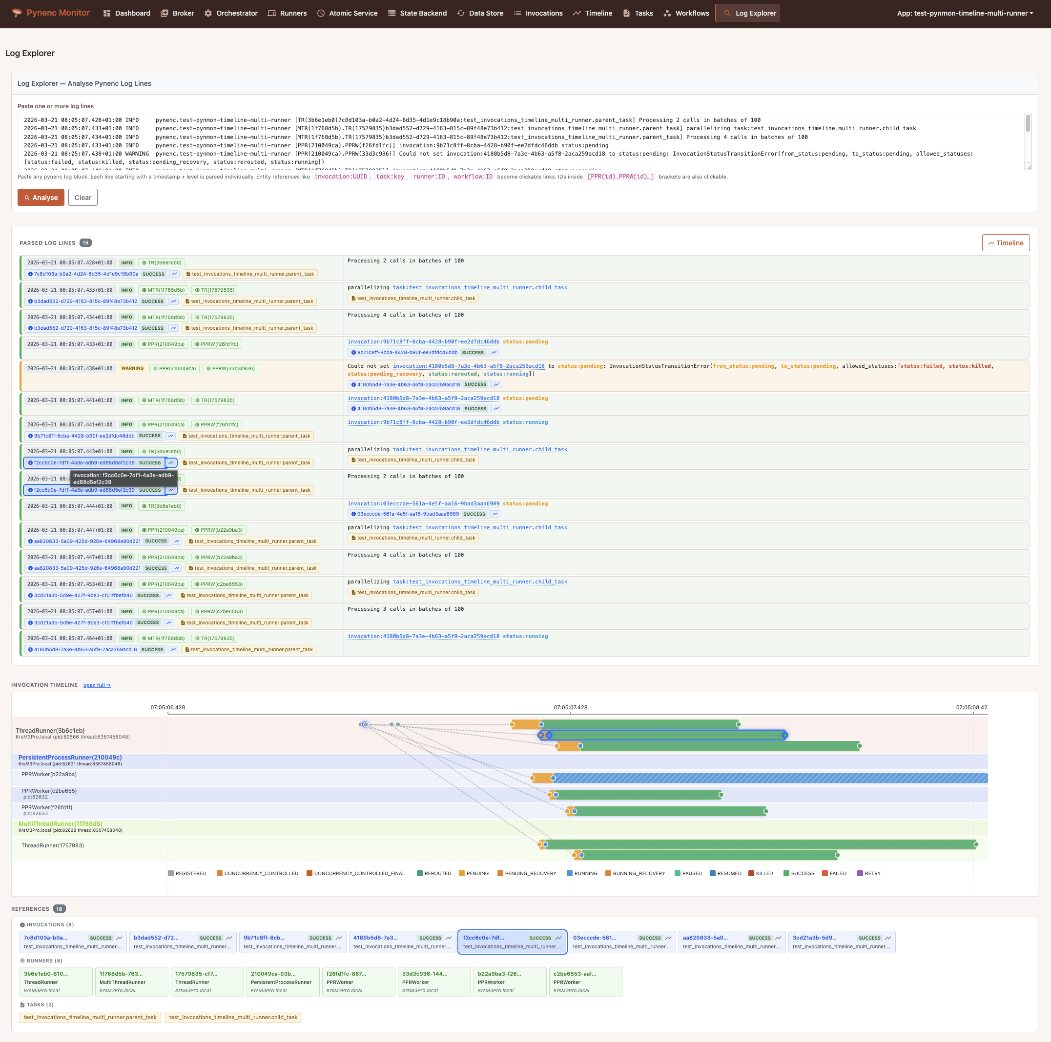 Pynmon Log Explorer parsing log lines with augmented context, mini-timeline, and links to invocation and runner details