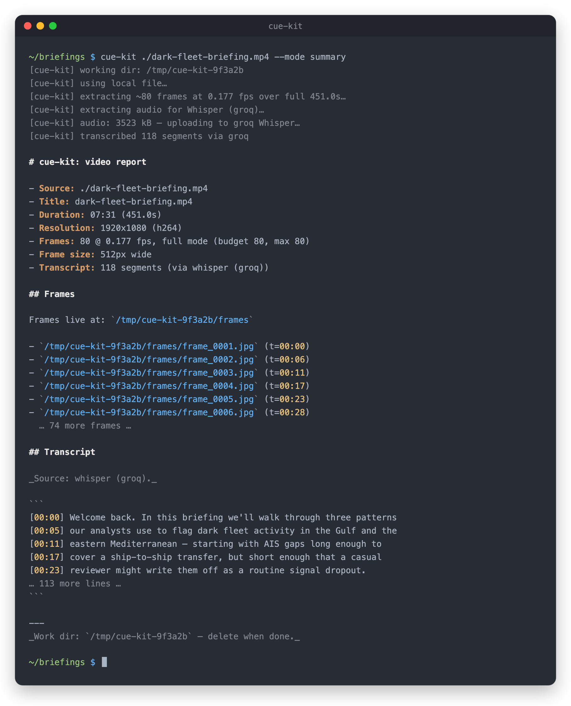 Terminal session showing cue-kit producing a video report with frame timeline and transcript