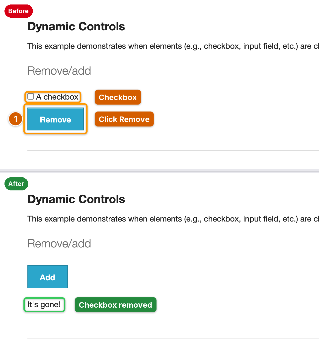 Before and after plate: a checkbox and a Remove button, then the message It's gone