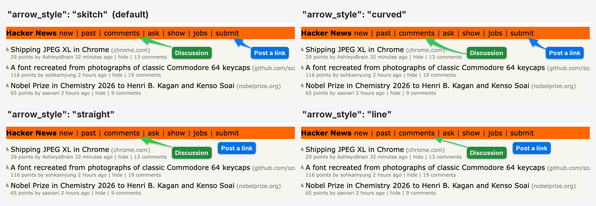 The same two arrows drawn in the four arrow styles: skitch, curved, straight and line