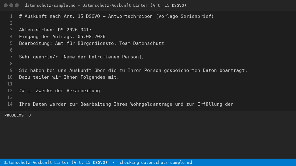 Datenschutz-Auskunft Linter (Art. 15 DSGVO) — finds the line