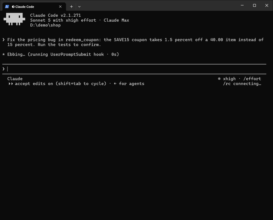 Recording of a Claude Code session with OpenReflex: OpenReflex injects compact prior context, Claude fixes the task and runs verification, and lifecycle hooks close the outcome automatically